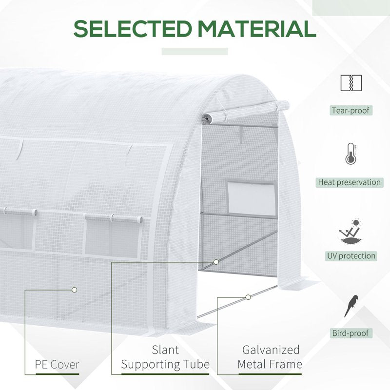 Outsunny 4 x 3 x 2 m Polytunnel Greenhouse with Roll-up Side Walls, Walk-in Grow House Tent with Steel Frame, Reinforced Cover, Zipped Door and 12 Mesh Windows for Garden, White