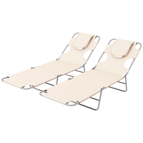 Outsunny Foldable Sun Lounger Set of 2, Beach Chaise Lounges with Reading Hole, Arm Slots, 5-Position Adjustable Backrest, Side Pocket, Pillow for Patio, Garden, Beach, Pool, Beige