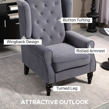 HOMCOM Wingback Accent Chair, Retro Upholstered Button Tufted Occasional Chair for Living Room and Bedroom, Charcoal Grey