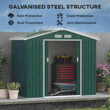 Outsunny 7 x 4ft Metal Garden Shed, Outdoor Storage Tool House with Ventilation Slots, Foundation Kit and Lockable Double Doors, Green