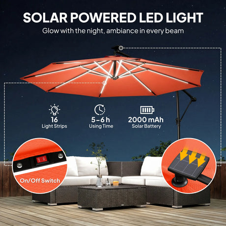 Outsunny 3 m Garden Cantilever Parasol with LED Solar Light, Round Overhanging Umbrella with 360 Rotation, Cover, Orange