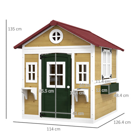 Outsunny Wooden Playhouse with Doors, Windows, Plant Pots, Boxes, for 3-8 Years - Beige