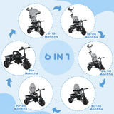 HOMCOM 6 in 1 Kids Trike Push Bike w/ Push Handle, Canopy, 5-point Safety Belt, Storage, Footrest, Brake, for 1-5 Years, Grey