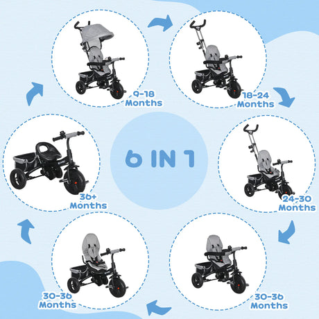 HOMCOM 6 in 1 Kids Trike Push Bike w/ Push Handle, Canopy, 5-point Safety Belt, Storage, Footrest, Brake, for 1-5 Years, Grey