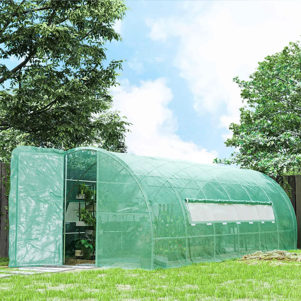 Outsunny Large Polytunnel Walk In Greenhouse, Plant Gardening Tunnel Green House with Metal Hinged Door, Galvanised Steel Frame & Mesh Windows, Green (3 x 6 m)