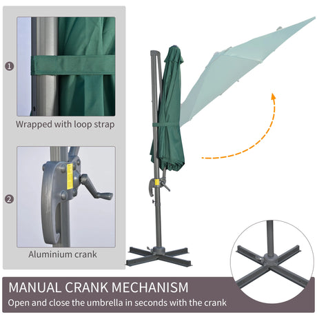 Outsunny 3 x 3(m) Cantilever Parasol with Cross Base, Garden Umbrella with 360 Rotation, Crank Handle and Tilt for Outdoor, Patio, Green