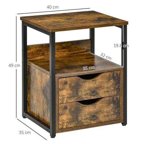 HOMCOM Industrial Side Table Set of 2, Sofa Table with Drawer, Bedside Cabinet with Storage Shelf, Slim Nightstand for Living Room, Bedroom, Rustic Brown