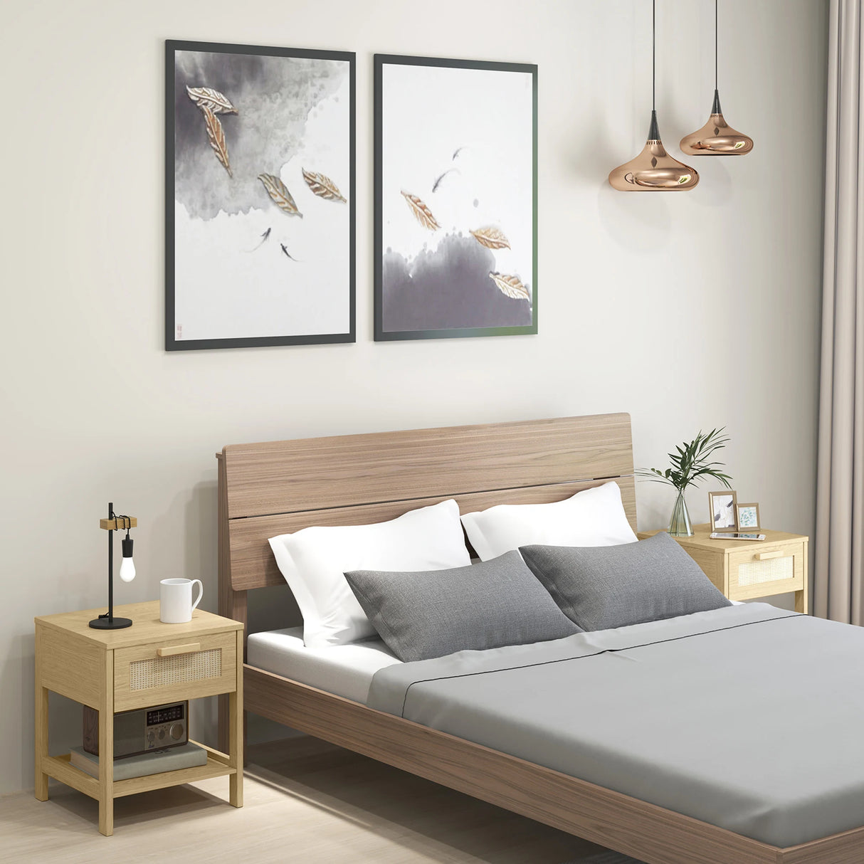 HOMCOM Bedside Table Set of 2 with Rattan Drawer, Rustic Side Tables with Storage Shelf for Bedroom, Living Room, Natural