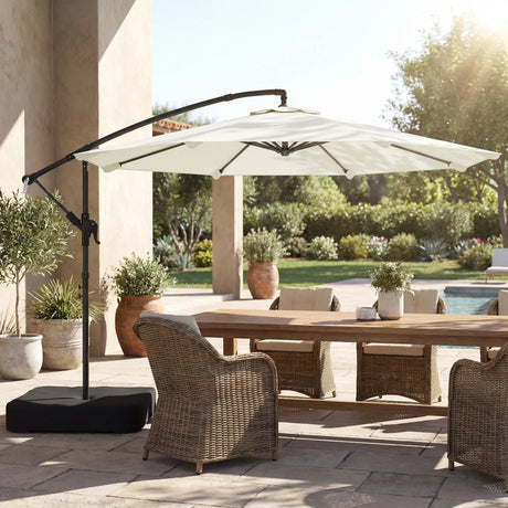 Outsunny 3 m Garden Cantilever Parasol with Cross Base, Sandbag, 360 Rotating Overhanging Banana Umbrella, Cream White