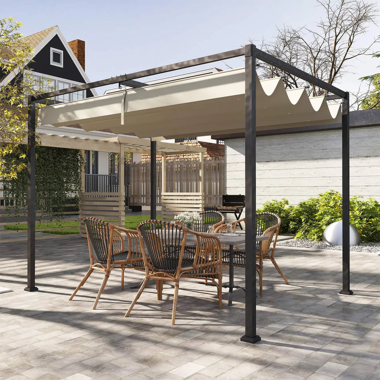 Outsunny 3x2m Metal Pergola with Retractable Roof, Garden Gazebo Canopy Shelter for Outdoor, Patio, Khaki