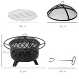 Outsunny 2-in-1 Outdoor Fire Pit with BBQ Grill, Patio Heater Log Wood Charcoal Burner, Firepit Bowl with Spark Screen Cover, Poker for Backyard Bonfire