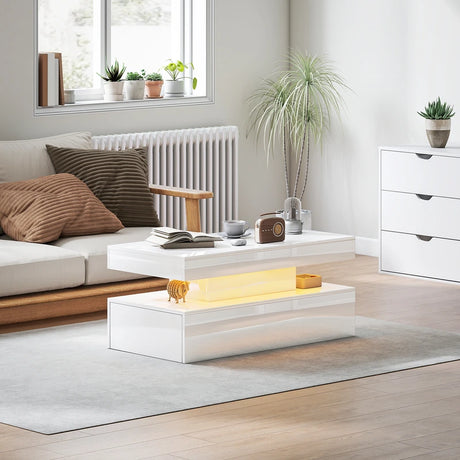 HOMCOM LED Coffee Table with Storage - High Gloss White
