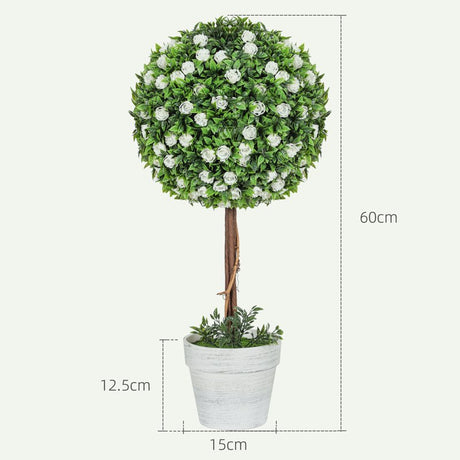 HOMCOM Set of 2 Decorative Artificial Plants, Ball Topiary Tree with Rose Flower in Pot, Fake Plants for Home Indoor Outdoor Decor, 60cm, White