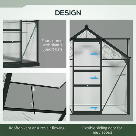 Outsunny 6 x 6ft Polycarbonate Greenhouse, Large Walk-In Green House with Slide Door and Window, Garden Plants Grow House with Aluminium Frame and Foundation, Grey