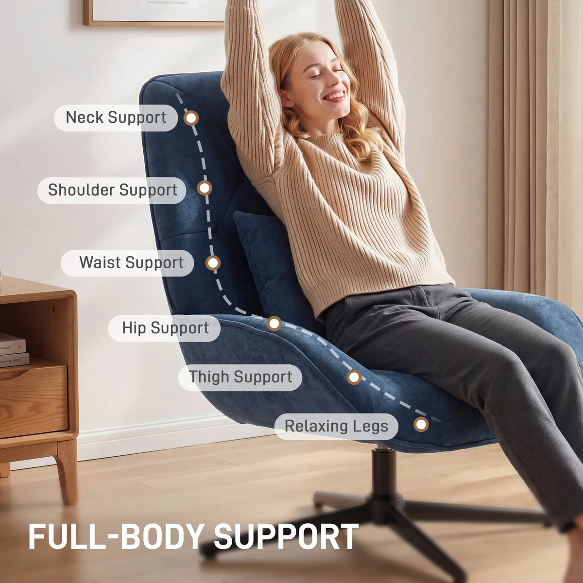 HOMCOM Accent Chair, Chenille Upholstered Swivel Armchair with Lumbar Pillow, High Back, Deep Seat and Metal Legs, Dark Blue