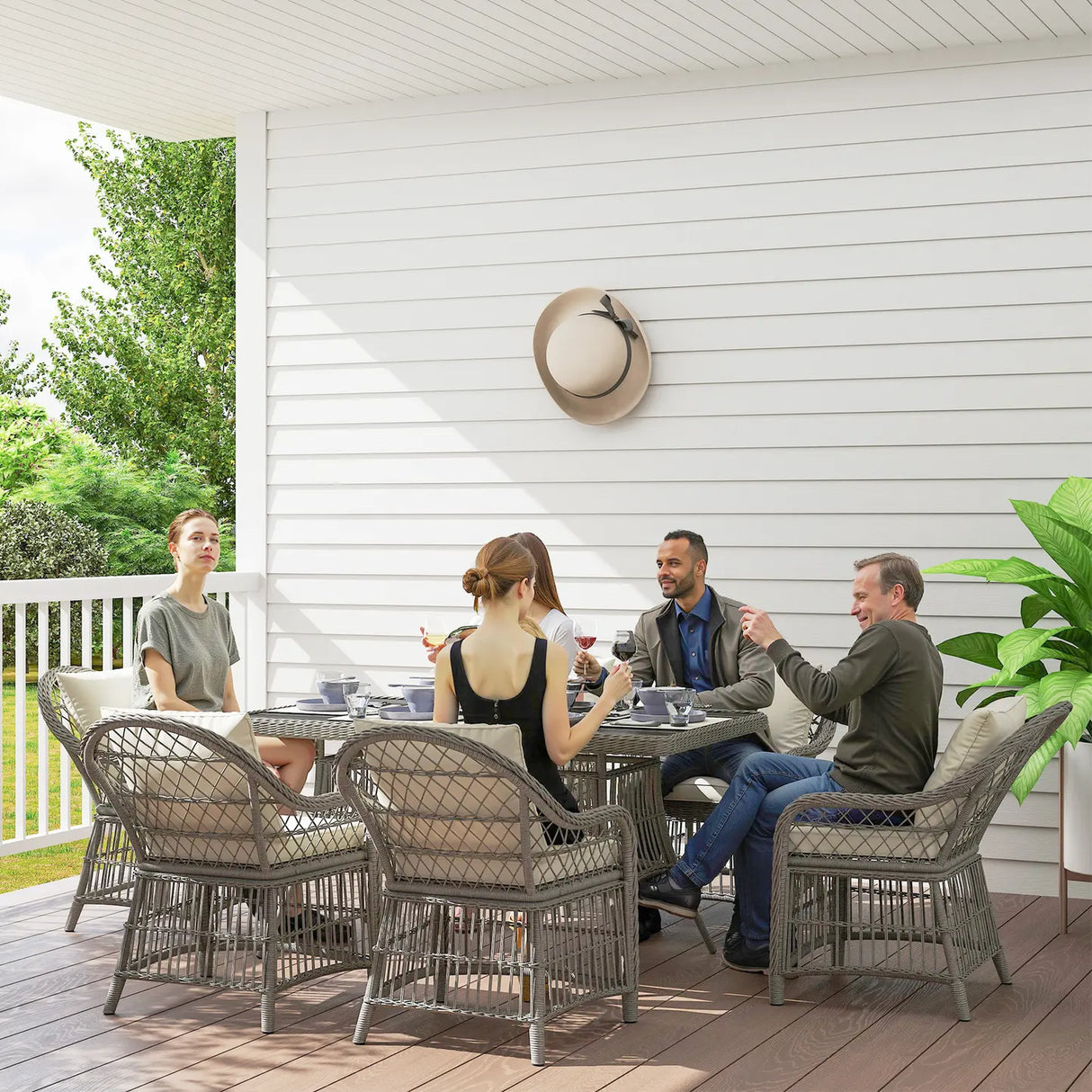 Outsunny Rattan Dining Set with Seat and Back Cushions, 6 Seater Garden Furniture Set with Aluminium Frame, 6 Chairs, WPC Top Rectangle Table, Conservatory Wicker Patio Furniture, Grey