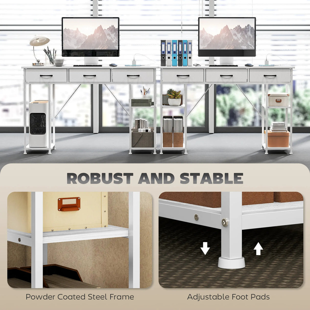 HOMCOM 120cm Computer Desk with Power Outlets, Office Desk Study Table with 3 Fabric Drawers and 4 Storage Shelves, White