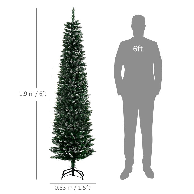 HOMCOM 6FT Artificial Snow Dipped Christmas Tree Xmas Pencil Tree Holiday Home Indoor Decoration with Foldable Black Stand, Green