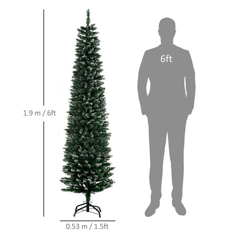 HOMCOM 6FT Artificial Snow Dipped Christmas Tree Xmas Pencil Tree Holiday Home Indoor Decoration with Foldable Black Stand, Green