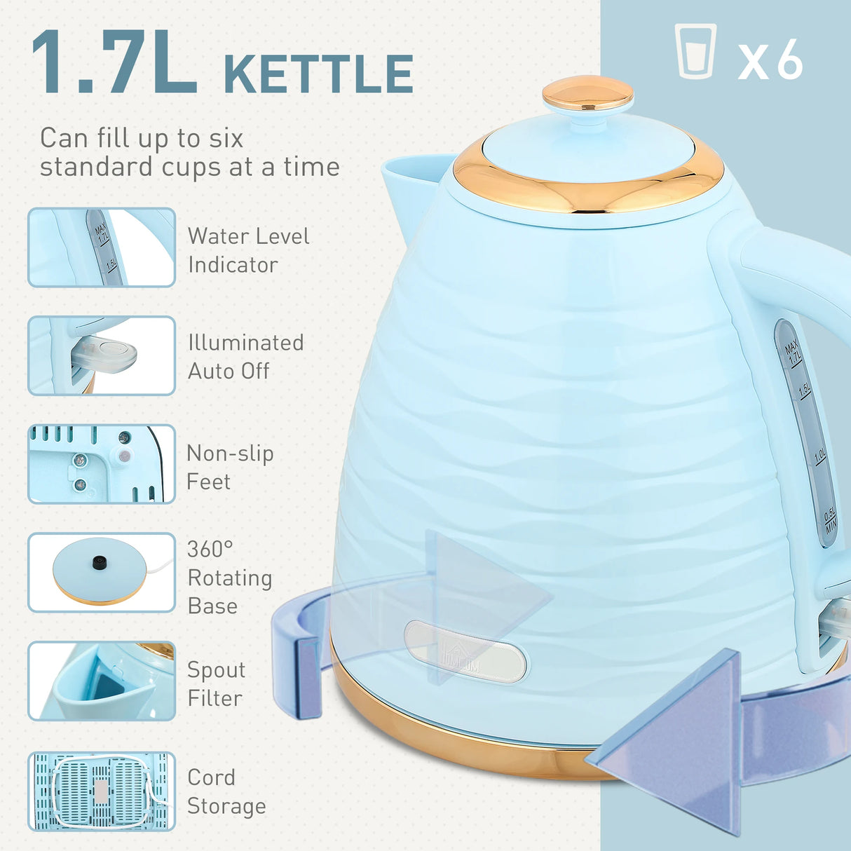 HOMCOM 3000W 1.7L Kettle & 4 Slice Toaster, Kettle and Toaster Set with 7 Browning Controls and Crumb Tray, Light Blue