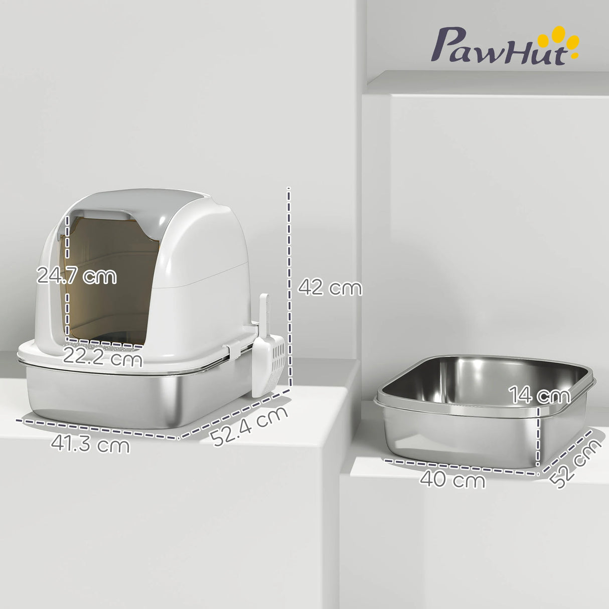 PawHut Stainless Steel Cat Litter Box with Lid, for Cats, Enclosed Cat Litter Box with Flip Cover, Scoop