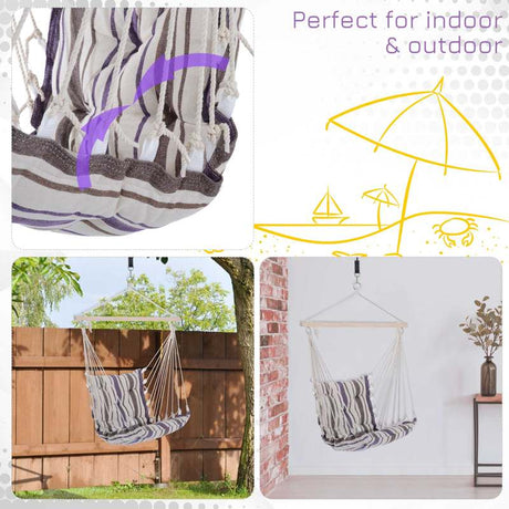 Outsunny Outdoor Hanging Rope Chair with Soft Padded Seat & Backrest, Garden Hammock Chair with Wooden Support Bar Cotton Cloth, Portable Garden Chair for Patio & Tree, Brown