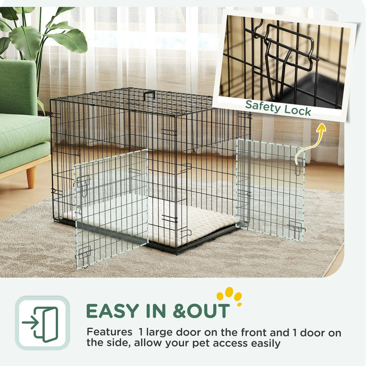 PawHut Foldable Dog Crate with 2 Doors with Tray, Soft Cushion, for Small Dogs, 75 x 49 x 53 cm, Black