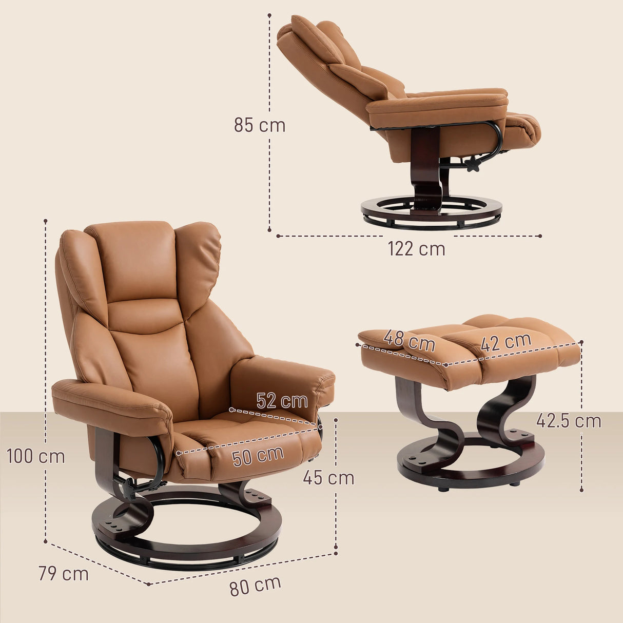 HOMCOM Faux Leather Reclining Chair and Footstool - Brown