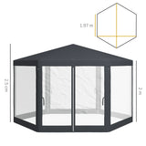 Outsunny 4M Hexagon Gazebo, Netting Party Tent, Patio Canopy Outdoor Event Shelter for Activities, Shade Resistant, Dark Grey