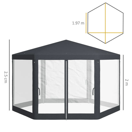 Outsunny 4M Hexagon Gazebo, Netting Party Tent, Patio Canopy Outdoor Event Shelter for Activities, Shade Resistant, Dark Grey