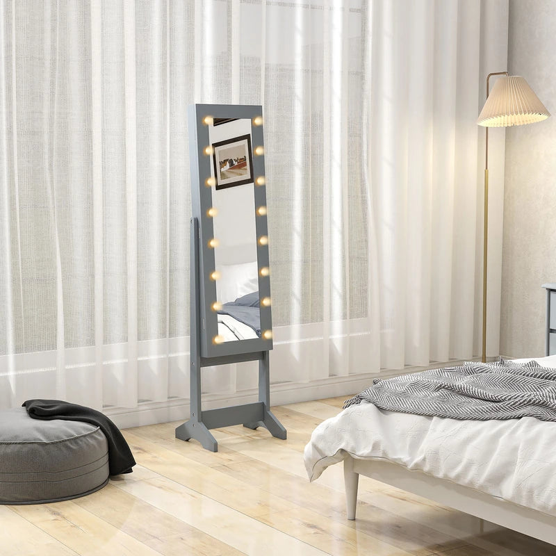 HOMCOM Free Standing Mirror Jewelry Cabinet with LED Lights, Jewellery Organiser with 3 Angle Adjustable, Full-Length Mirror with Storage for Earrings, Necklaces, Rings and Lipsticks, Grey