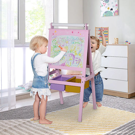 HOMCOM Kids Easel 3 in 1 Wooden Art Easel with Paper Roll Double-Sided Chalkboard & Whiteboard with Storage Baskets for Toddler Girls, Pink