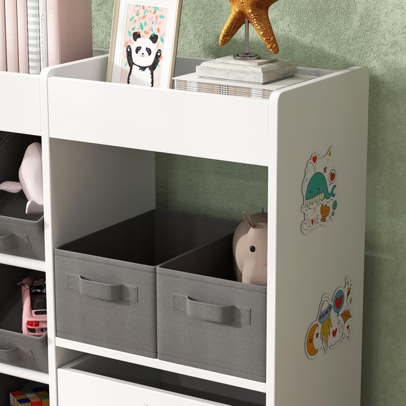 AIYAPLAY Kids Toy Storage Unit with 11 Bins, Cabinet, Top Shelves, 3 Stickers, for Nursery, Playroom, Kindergarten, White