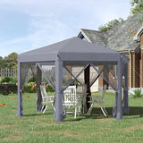 Outsunny 3.8m x 3.2m Pop Up Gazebo Hexagonal Canopy Tent Outdoor Sun Protection with 6 Mesh Sidewalls, Hand Bag, Grey