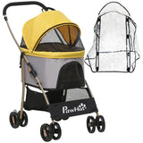 PawHut Detachable Pet Stroller with Rain Cover, 3 In 1 Cat Dog Pushchair, Foldable Carrying Bag w/ Universal Wheels, Brake, Canopy, Basket, Storage Bag for Small and Tiny Dogs - Yellow