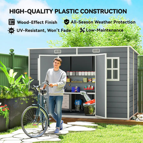 Outsunny 10 x 6 ft Resin Garden Shed, Outdoor Storage Shed with Floor, Windows, Lockable Doors and Vents, Grey