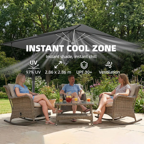 Outsunny 3 x 3 m Garden Cantilever Parasol with Light, Cover, Overhanging Umbrella w/ Wind Protection, 360 Rotation, Light Grey