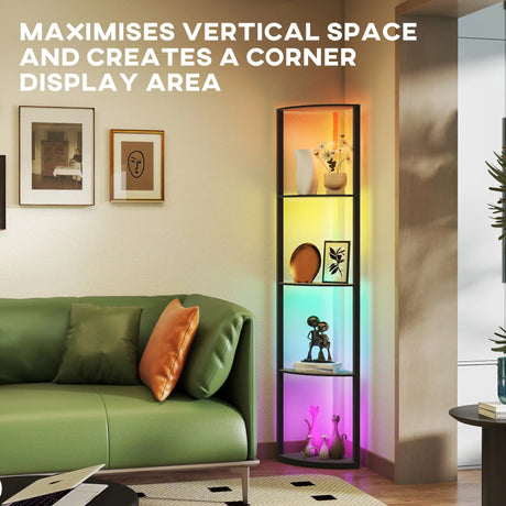 HOMCOM RGB LED Floor Lamp with Shelves, 4-Tier Dimmable Standing Lamp with Remote Control, Black