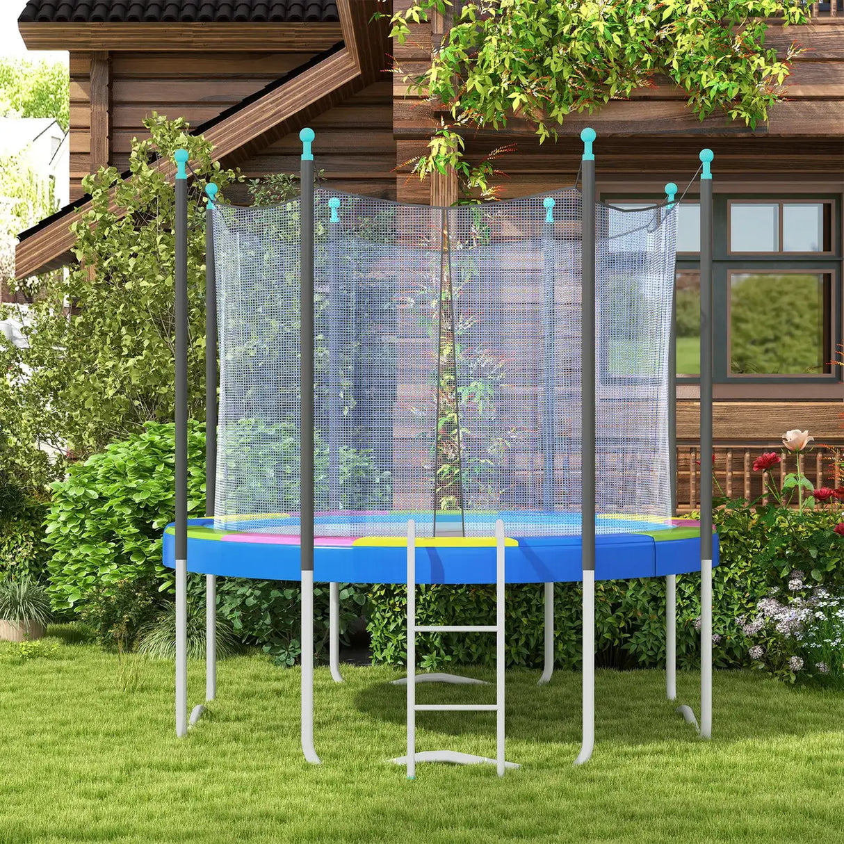 SPORTNOW 12FT Trampoline Spring Cover, Plastic Trampoline Pad Replacement with Elastic Cord, Waterproof, UV Resistant and Tear-Resistant, Multi-Colored