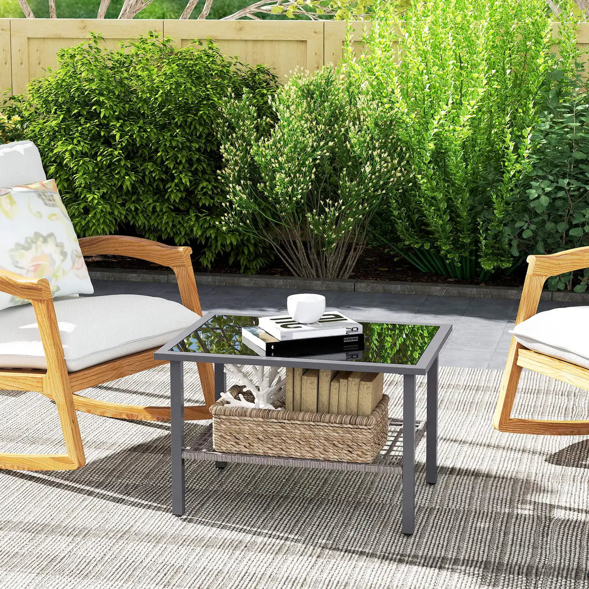 Outsunny Outdoor Rattan Coffee Table with Tempered Glass Top, Storage Shelf, Foot Pads, for Patio, Balcony, Mixed-grey