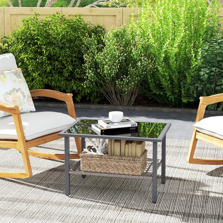 Outsunny Outdoor Rattan Coffee Table with Tempered Glass Top, Storage Shelf, Foot Pads, for Patio, Balcony, Mixed-grey