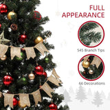 HOMCOM 6ft Pre-Lit Xmas Tree with Decorations, Green, Red and Warm White