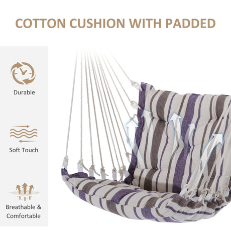 Outsunny Outdoor Hanging Rope Chair with Soft Padded Seat & Backrest, Garden Hammock Chair with Wooden Support Bar Cotton Cloth, Portable Garden Chair for Patio & Tree, Brown