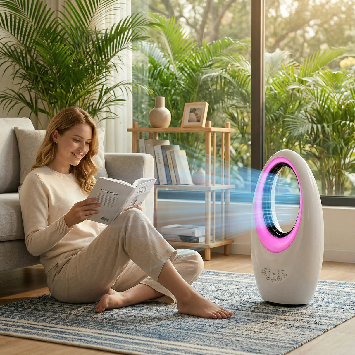 HOMCOM Bladeless Tower Fan, 36dB Standing Cooling Fan with 60 Oscillating, LED Lights, 3 Speeds, 7.5H Timer, Remote Control