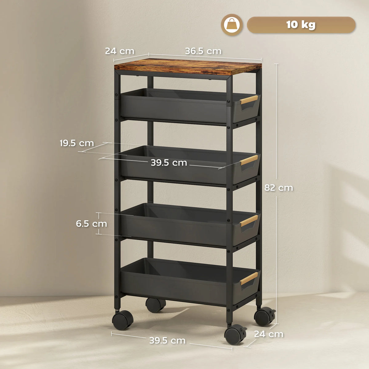 HOMCOM 5-Tier Storage Trolley on Wheels - Black