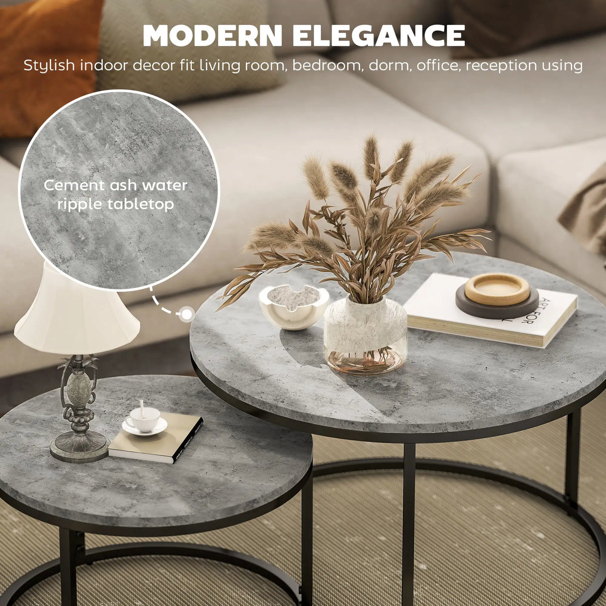 HOMCOM Set of Two Marble-Effect Stacking Tables - Grey/Black