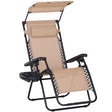 Outsunny Foldable Reclining Garden Chair with Headrest, Zero Gravity Deck Sun Lounger Seat Chair with Footrest, Armrest, Cup Holder & Canopy Shade, Beige