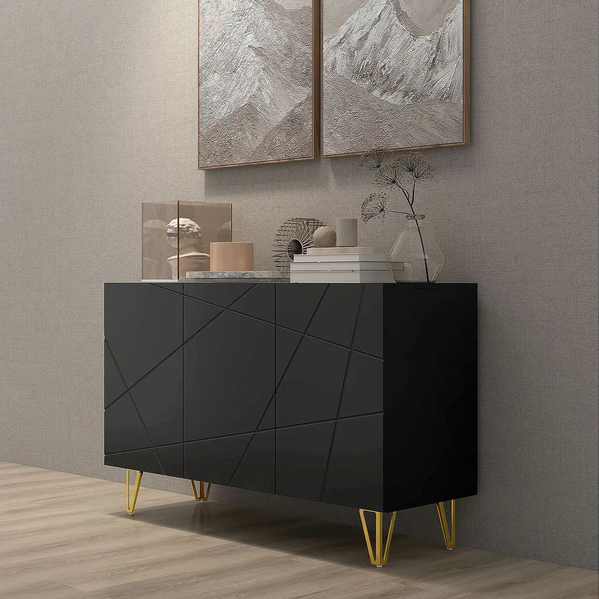 HOMCOM Modern Luxe High Gloss Sideboard, with Hairpin Legs - Black