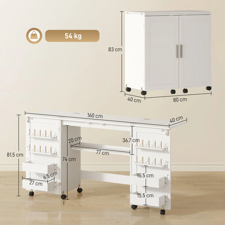 HOMCOM Folding Sewing Table with 2 Magnetic Doors, Storage Shelf, Lockable Wheels, Space Saving, White