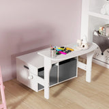 AIYAPLAY 3 in 1 Kids Storage Bench, Convertible Children Table and Chair Set with 2 Fabric Bins, Toy Storage Box, White